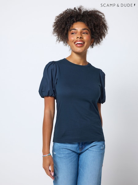 Blue - Scamp & Dude Woven Puff Sleeve T-shirt