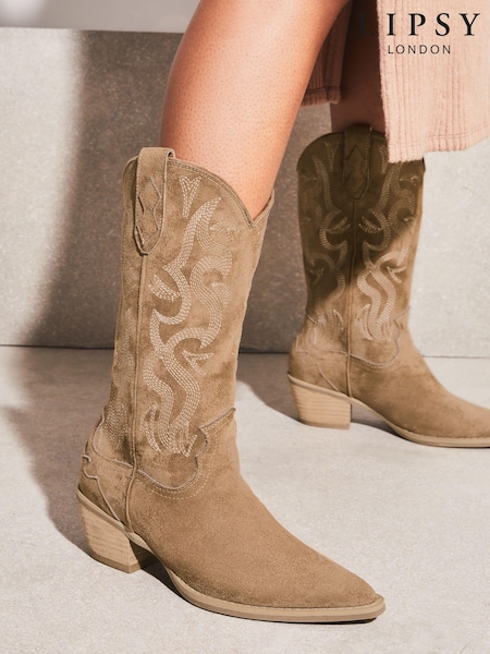 Lipsy Faux Suedette Camel Pull On Calf Pointed Western Cowboy Heel Boot (P44886) | € 42