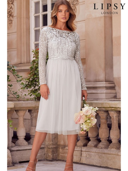 Lipsy Silver Natalie Embellished Sleeved Bridesmaid Midi Dress (P48592) | €67