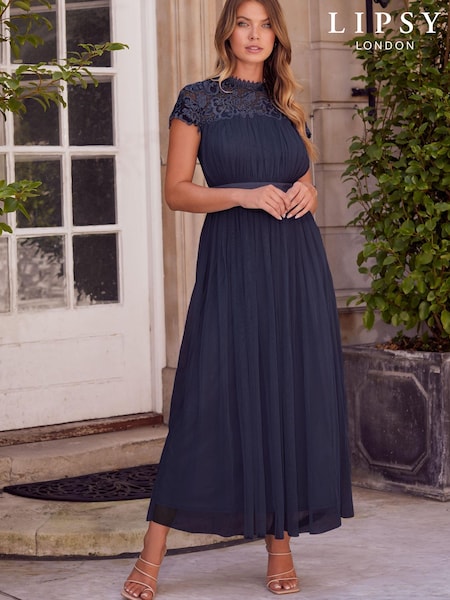 Lipsy Navy Lace Top Tulle Bridesmaid Midi Dress (P48627) | €37