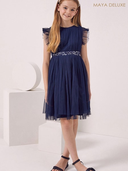 Maya Navy Blue Embellished Waist Tulle Party Dress - Girls (P50975) | 63 zł