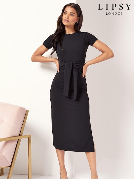 Lipsy Black Short Sleeve Belted Bodycon Midi Dress (P55400) | € 11