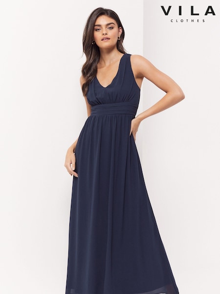 Vila Navy Sleeveless V Neck Tulle Maxi Dress (P57583) | €46