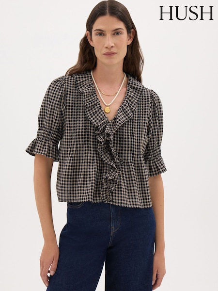 블랙 - Hush Koa Ruffle Short Sleeve Check Textured Blouse