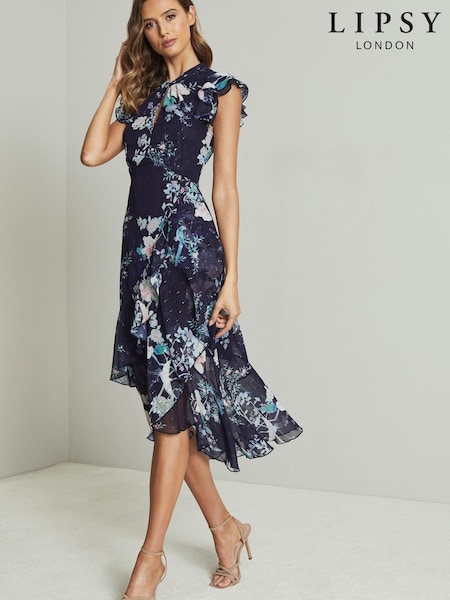 Lipsy Navy Printed Keyhole Ruffle Fit and Flare Midi Dress (P67370) | €17
