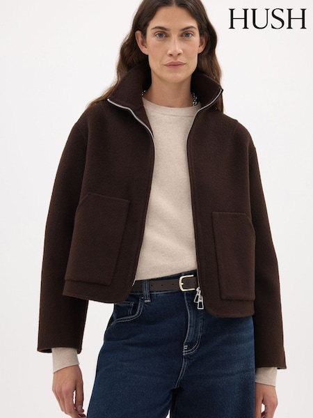 Brown - Hush Ira Pure Wool Double Faced Funnel Neck Zip Jacket