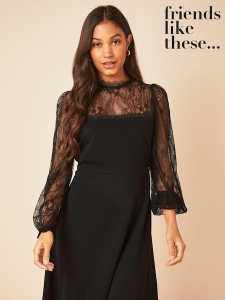 Friends Like These Black Lace Yoke Mini Long Sleeve Dress (P70639) | €26