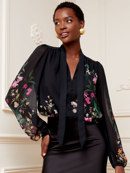 V&A | Love & Roses Black Printed Pussy Bow V Neck Button Through Long Sleeve Blouse (P70652) | €13.50