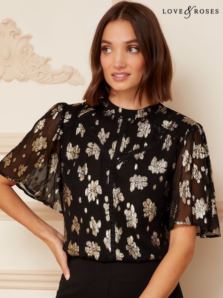 Love & Roses Black Metallic High Neck Flutter Sleeves Top (P73868) | €20.50