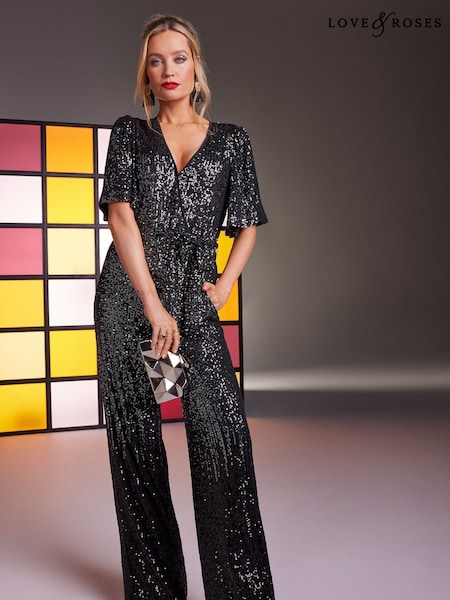 Love & Roses Black & Silver Flutter Sleeve Wrap Sequin Wide Leg Jumpsuit (P74431) | €58