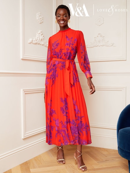 V&A | Love & Roses Red and Purple Floral Print Ruffle Neck Pleated Long Sleeve Midi Dress (P74437) | €47