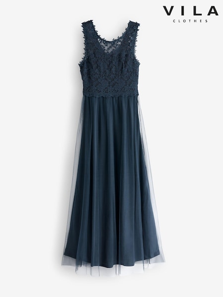VILA Navy Sleeveless Lace And Tulle Maxi Dress (P75242) | €46