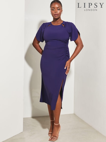 Lipsy Navy Curve Ruched Flutter Sleeve Cut Out Bodycon Dress (P76527) | €24