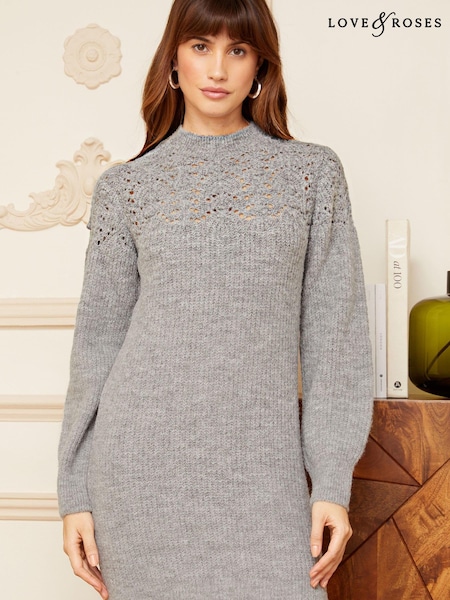 Gri - Love & Roses Pointelle Yoke High Neck Knitted Mini Dress (P77895) | 171 LEI