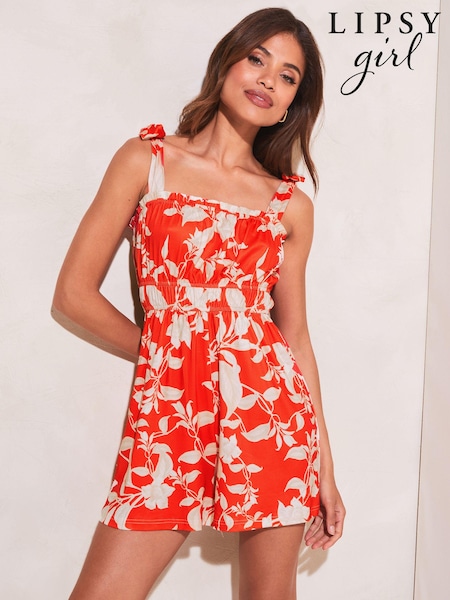 Lipsy Red Bow Strap Ruched Waist Playsuit (P81725) | €18
