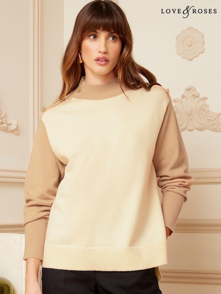 Love & Roses Brown High Neck Colour Block Button Shoulder Knitted Jumper (P82357) | €13.50