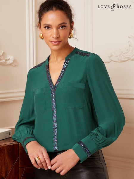 Love & Roses Green Sequin V Neck Long Sleeve Blouse (P82712) | € 23