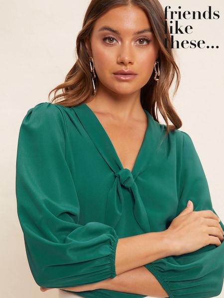 Friends Like These Green V Neck Bow Front 3/4 Sleeve Blouse (P82720) | €11
