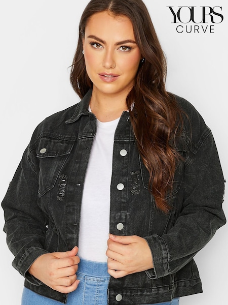 Yours Curve Black Distressed Western Denim Jacket (P84476) | €10
