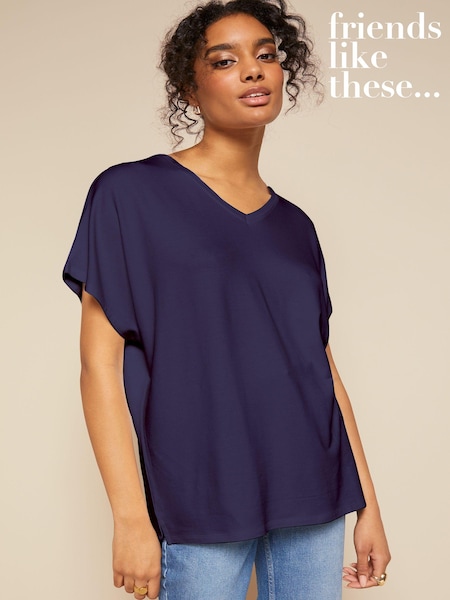 Friends Like These Navy Blue Short Sleeve V Neck Tunic Top (P84595) | $34