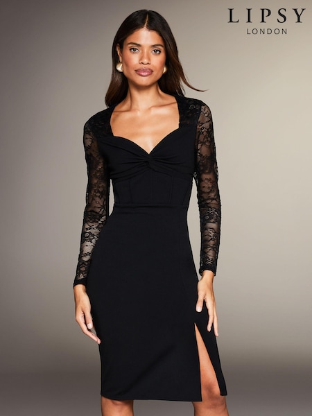 Lipsy Knotted Sweetheart Neck Lace Long Sleeve Corset Dress (P84815) | €16