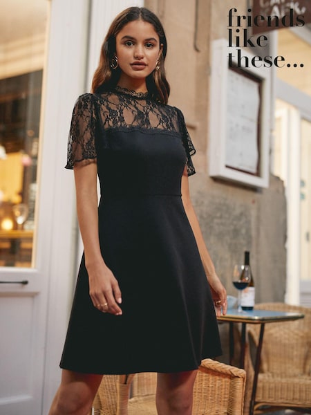 Friends Like These Black Lace Yoke Flutter Sleeve Mini Dress (P85357) | € 31