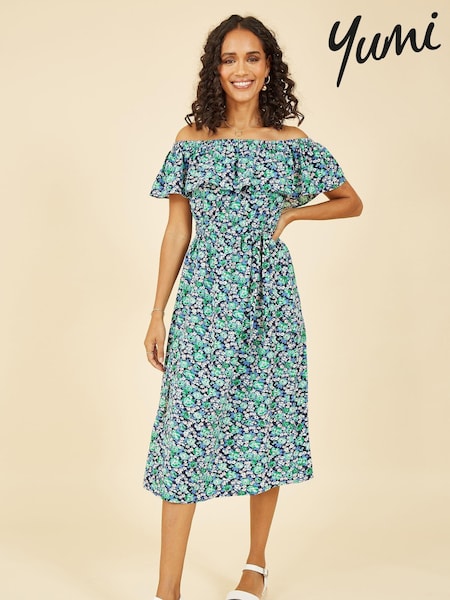 Yumi Blue Ditsy Floral Bardot Midi Dress (P86186) | €13