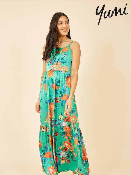 Yumi Green Multi Satin Floral Strappy Maxi Dress (P86187) | €42