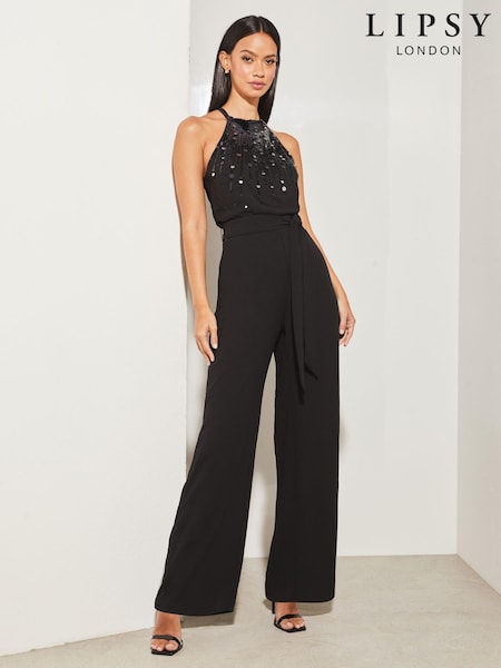 Lipsy Sequin Embellished Halter Wide Leg Jumpsuit (P86840) | €35