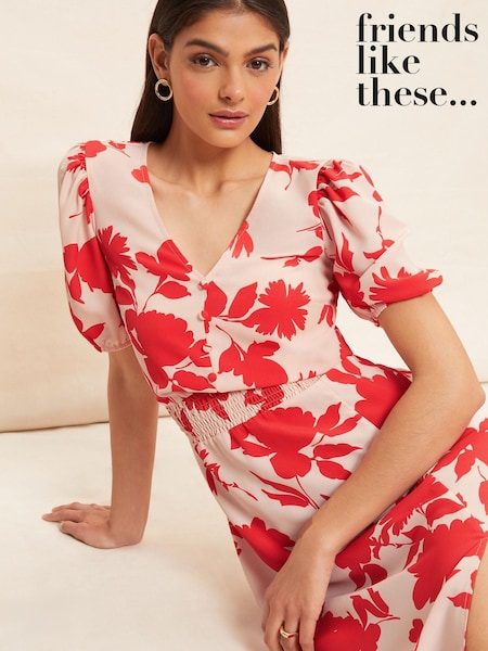 Friends Like These Pink Floral Puff Sleeve Ruched Waist V Neck Midi Summer Dress (P87137) | € 28