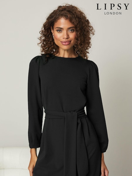 Lipsy Black Petite Long Sleeve Round Neck Tie Waist Shift Dress (P87389) | € 28