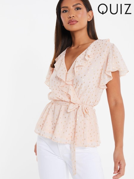 Quiz Pink & Gold Chiffon Foil Frill Wrap Peplum Top (P87875) | €20