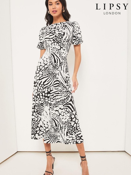 Lipsy Black/White Animal Jersey Puff Short Sleeve Underbust Summer Midi Dress (P87886) | €24
