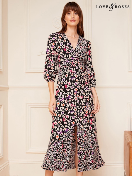 Animal negru - Rochie midi cu Mânecă lungă răsucită în față Love & Roses Guler în V (P88890) | 207 LEI