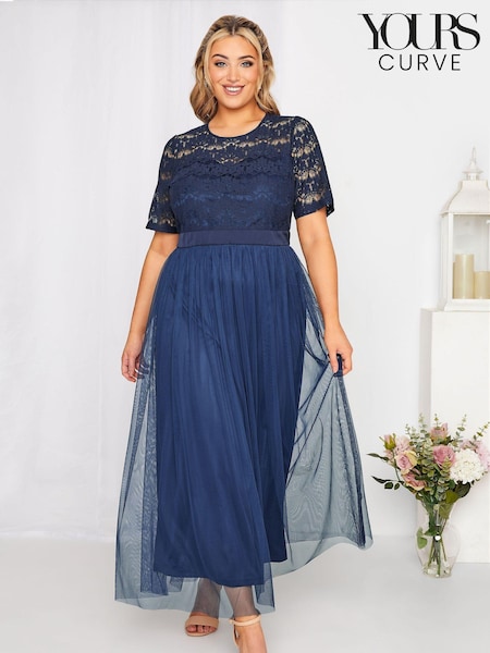Синий - Yours Curve Long Sleeve Sweetheart Lace Mesh Dress (P90191) | €44