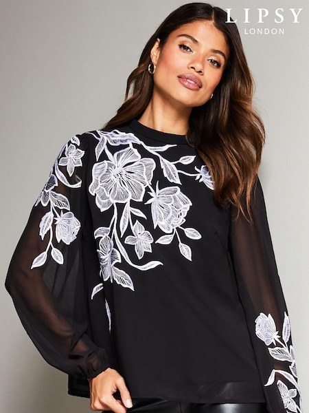 Lipsy Black Long Sleeve Mono Embroidered Top (P93104) | €15.50