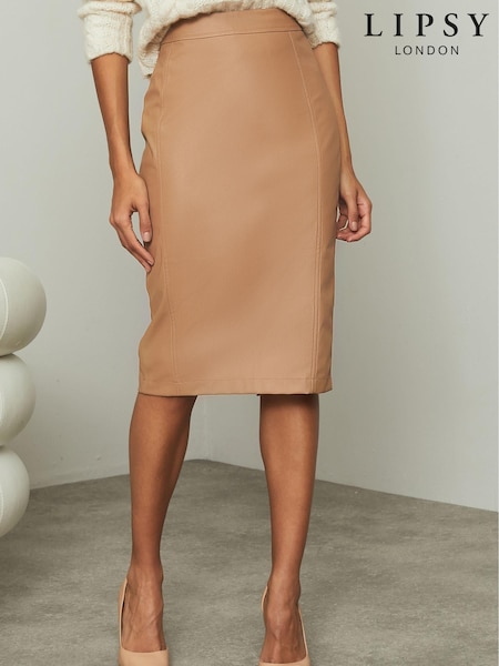 Lipsy Tan Faux Leather Pencil Skirt (P93257) | €8