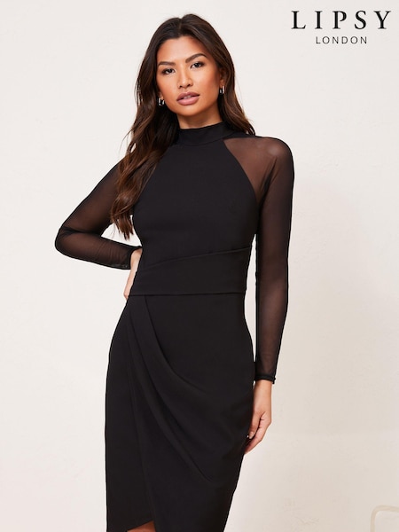 Lipsy Black Mesh Long Sleeve Asymmetrical Bodycon Dress (P94747) | €15.50
