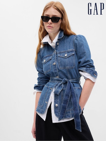 Gap Blue Belted Puff Sleeve Denim Jacket with Washwell (P96913) | €40