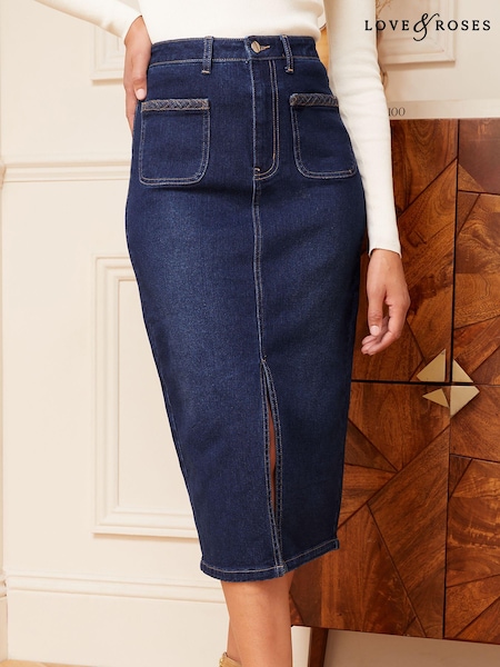 Albastru închis - Fustă midi Love & Roses din denim cu împletitură la buzunare (P97850) | 143 LEI