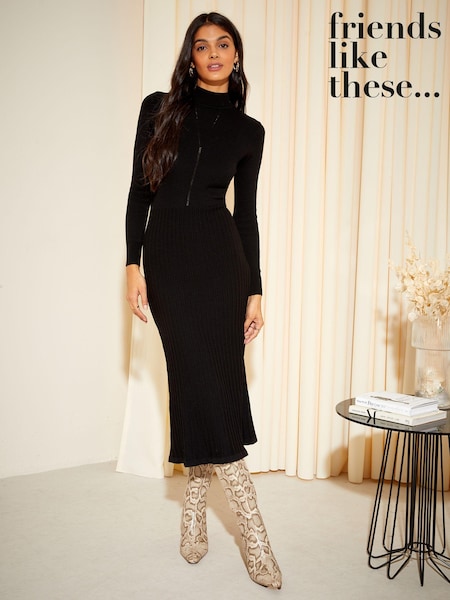Friends Like These Black High Neck Knitted Pleated Long Sleeve Midi Dress (P98487) | €11.50