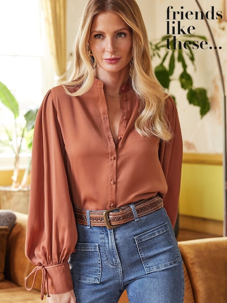 Friends Like These Rust Brown Tie Cuff Puff Sleeve Button Through Blouse (P98718) | €18