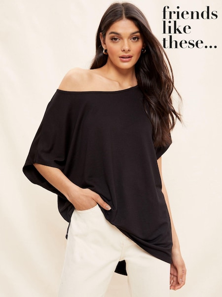 Black - Friends Like These Soft Jersey Short Sleeve Slash Neck Tunic (P98790) | 71 LEI
