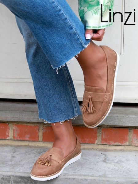 Linzi Tan Nubuck Faux Suede Samson Slip On Loafer With Tassle Trim (Q01542) | €23