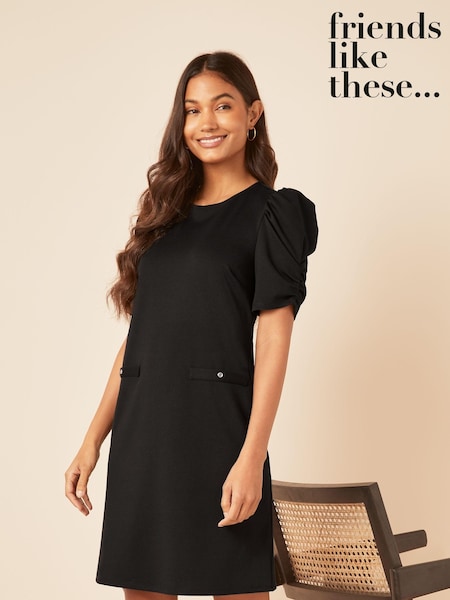 Черный - Friends Like These Short Puff Sleeve Round Neck Shift Dress (Q01826) | €23