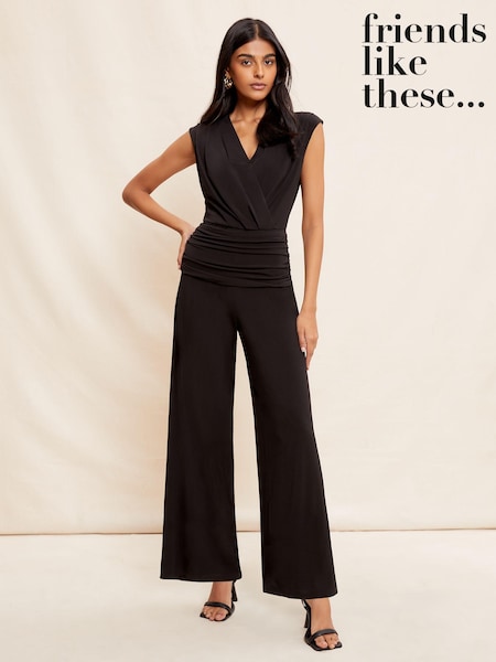 Friends Like These Black Ruche Waist Wrap Style Slinky Sleeveless Wide Leg Jumpsuit (Q02321) | €30