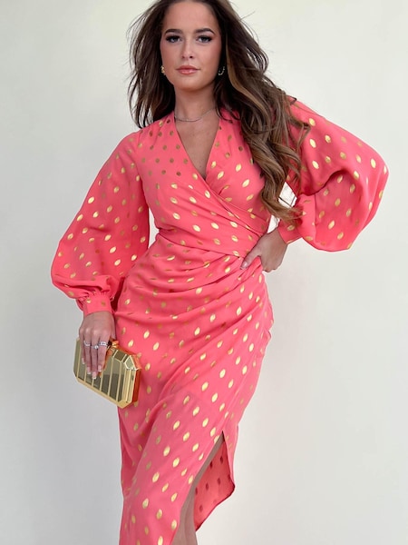 Girl In Mind Coral Metallic Spot Elsa Long Sleeve Wrap Asymmetric Dress (Q06882) | € 15