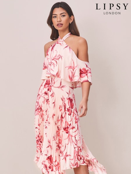 Lipsy Pink Pleated Printed Cold Shoulder Hanky Hem Midi Dress (Q07674) | € 28