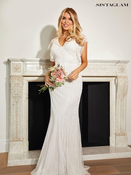 Sistaglam White Beaded Sequin Maxi Dress with Frill Sleeve (Q08284) | €96