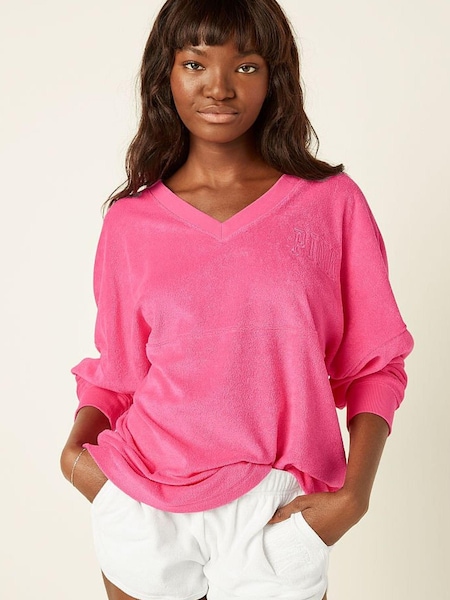Victoria's Secret PINK Capri Pink Varsity Terry V Neck Sweatshirt (Q09421) | €22.50